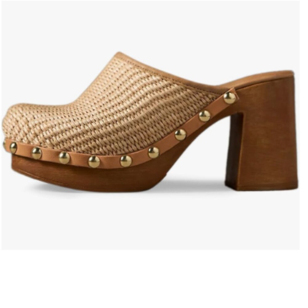YDN Natural Platform Slip On Clogs Mules Cork High Heel Round Toe Rivet Sandals